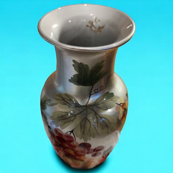 Andrea by Sadek 1970s Handpainted Ceramic Silver Vase Grapes and Leaves (b) - Picture 9 of 11